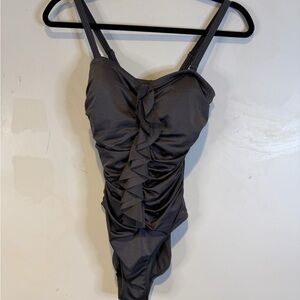 Amoena Women’s One-Piece Swimsuit in Charcoal Gray with Ruffle Front